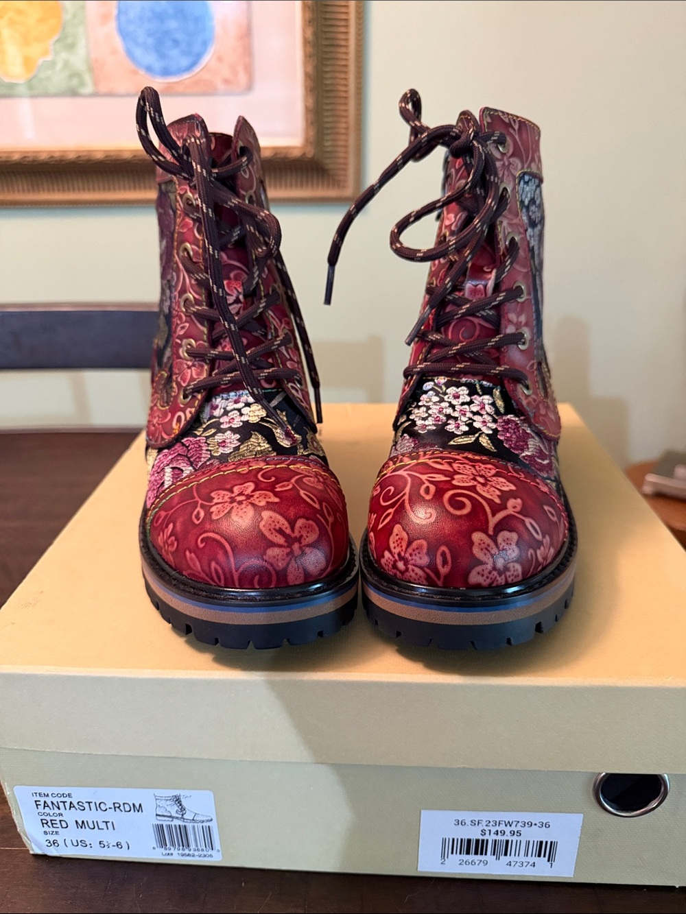 Red Floral Lace-Up Women's Boots - Fashionable Combat Style